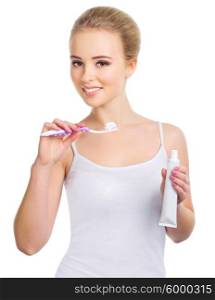 Young healthy girl with toothbrush isolated