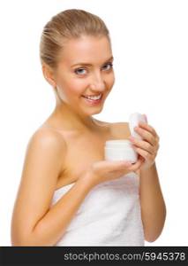 Young healthy woman with body cream