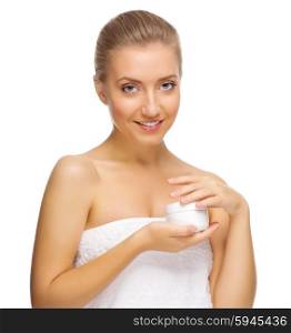 Young healthy woman with body cream isolated