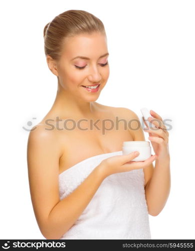 Young healthy woman with body cream isolated