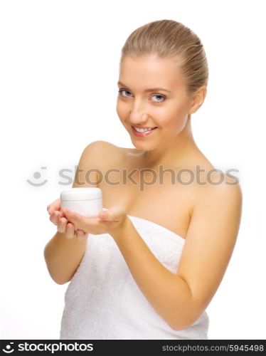 Young healthy woman with body cream isolated on white