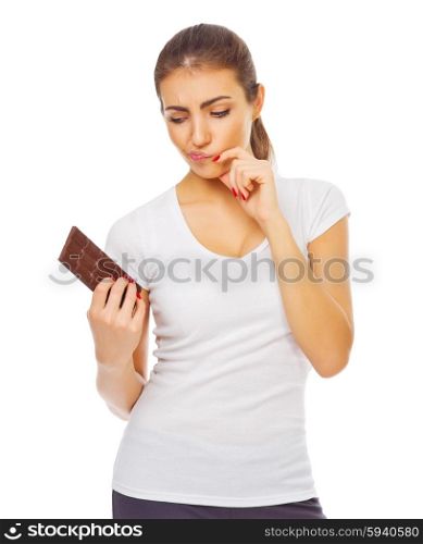 Young healthy woman with chocolate isolated