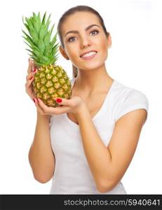 Young healthy woman with pineapple isolated