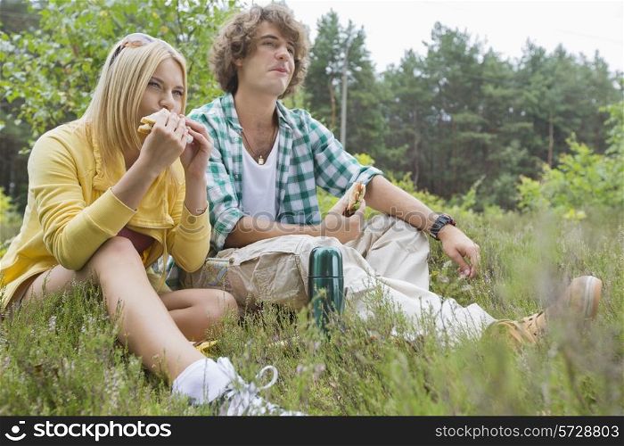 Young hiking couple eating sandwiches while relaxing in field