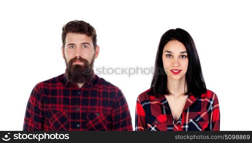 Young hipster couple with red plaid shirt isolated on a white background
