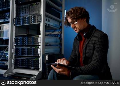 Young hipster man using digital tablet working in server room. Telecommunications company system control and monitoring. Young hipster man using digital tablet working in server room