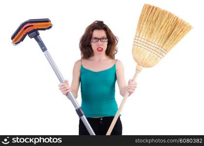 Young housewife doing housekeeping on white