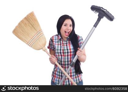 Young housewife doing housekeeping on white