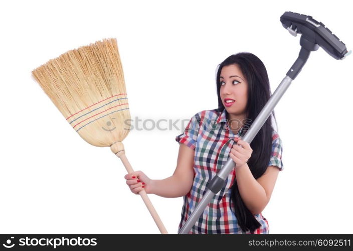 Young housewife doing housekeeping on white