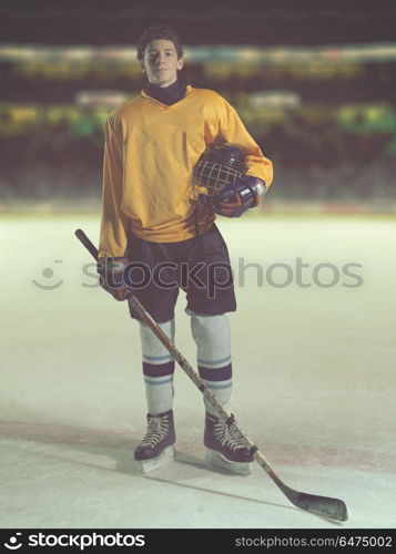 young ice hockey player portrait on a match half time. hockey player portrait