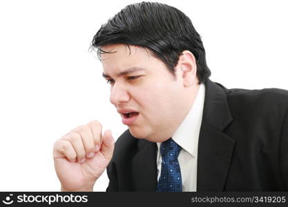 young ill businessman coughing isolated over white background