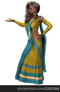 Young indian woman wear saree in yellow and turquoise color, 3D Illustration.