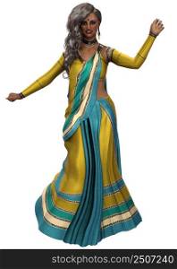 Young indian woman wear saree in yellow and turquoise color, 3D Illustration.