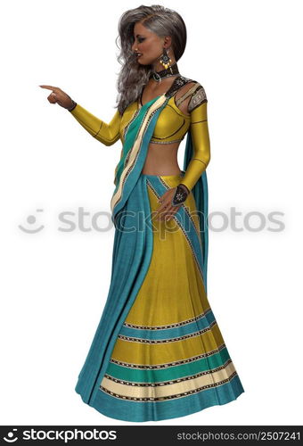 Young indian woman wear saree in yellow and turquoise color, 3D Illustration.