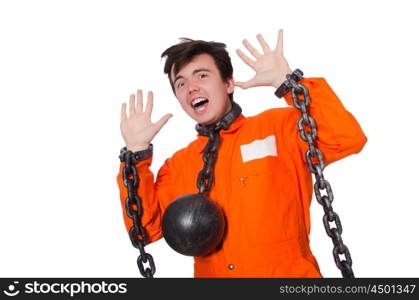 Young inmate with chains isolated on the white