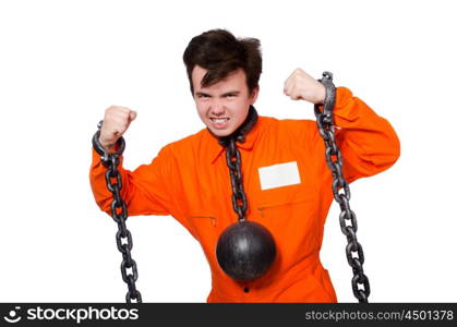 Young inmate with chains isolated on the white