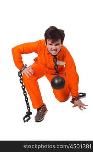 Young inmate with chains isolated on the white