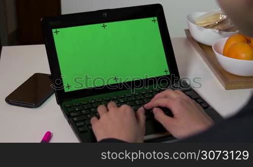Young Japanese woman typing on keyboard, Asian girl having breakfast, business people using laptop pc with green screen, computer monitor at home. Wireless technology for internet and email, lifestyle