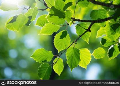 Young juicy green leaves on the branches of a birch in the sun outdoors in spring