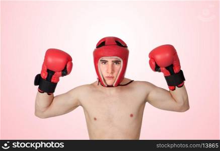 Young Kickboxer with many muscle Isolated on pink