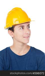 Young kid with yellow helmet. A future architect isolated on a white background