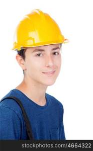 Young kid with yellow helmet. A future architect isolated on a white background