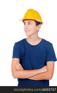 Young kid with yellow helmet. A future architect isolated on a white background