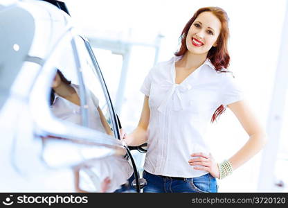Young lady at car salon