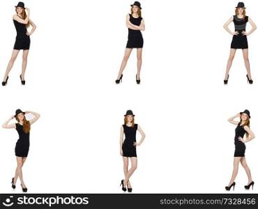 Young lady in black dress with black hat 