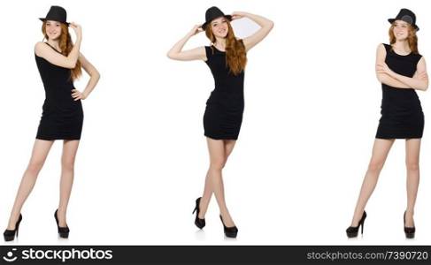 Young lady in black dress with black hat 