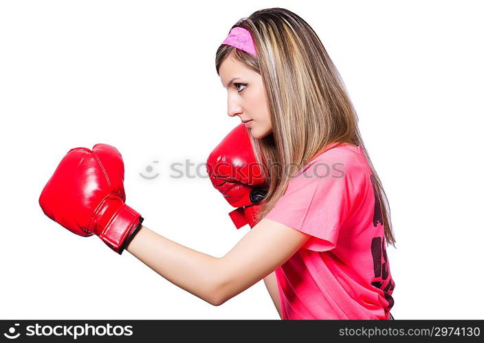 Young lady with boxing gloves on white