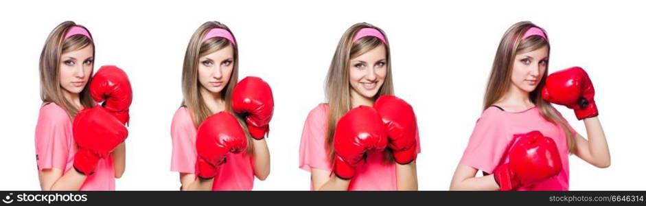 Young lady with boxing gloves on white