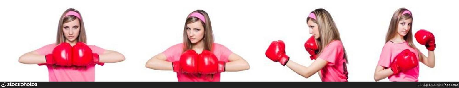 Young lady with boxing gloves on white