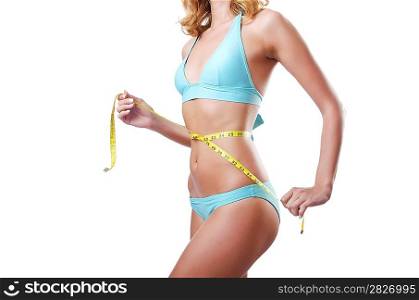 Young lady with centimetr in weight loss concept