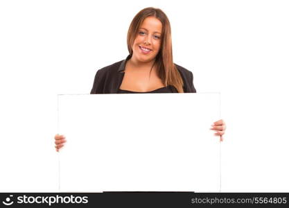 Young large beautiful woman presenting your product, isolated over white background