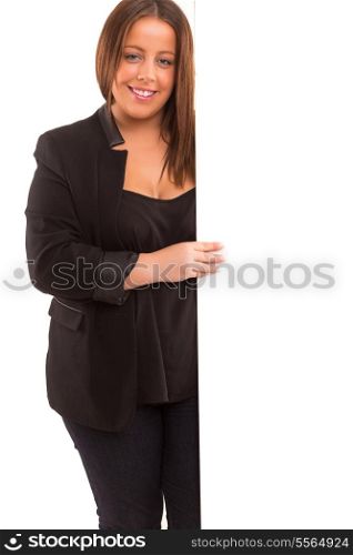 Young large beautiful woman presenting your product, isolated over white background