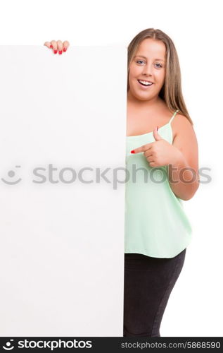 Young large beautiful woman presenting your product, isolated over white background