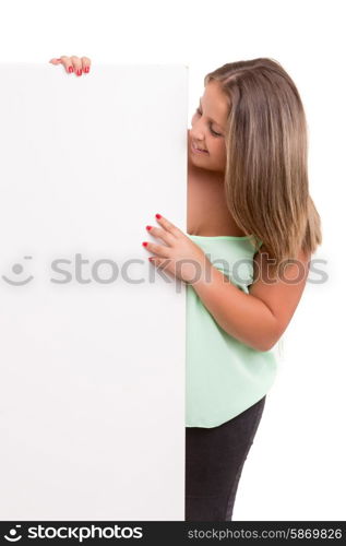 Young large beautiful woman presenting your product, isolated over white background