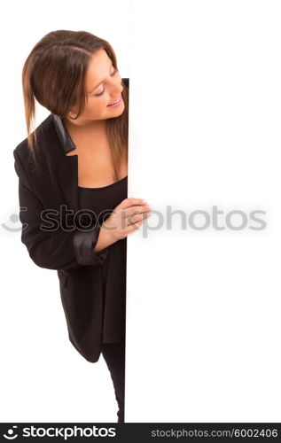 Young large beautiful woman presenting your product, isolated over white background