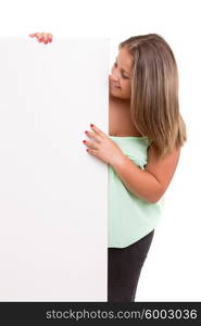 Young large beautiful woman presenting your product, isolated over white background