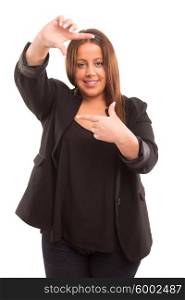 Young large woman making framing key gesture - isolated over white