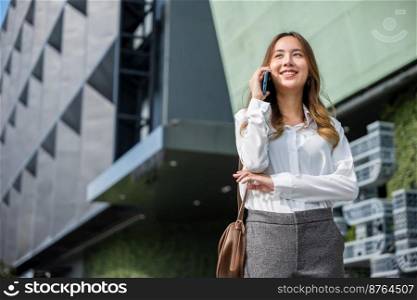Young lawyer business woman walking street outdoor calling and talking on mobile phone with client, happy people smile talk on smartphone, cellphone communication