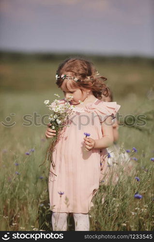 young little girl with long hair, white dress lonely walking in the poppy field and collecting flowers for a bouquet. little girl with a bouquet of wild flowers. young little girl with long hair, white dress lonely walking in the poppy field and collecting flowers for a bouquet