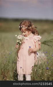 young little girl with long hair, white dress lonely walking in the poppy field and collecting flowers for a bouquet. little girl with a bouquet of wild flowers. young little girl with long hair, white dress lonely walking in the poppy field and collecting flowers for a bouquet