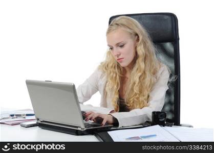 Young long-haired woman in the office workplace. Isolated on white background