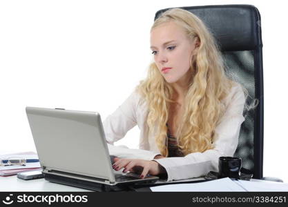 Young long-haired woman in the office workplace. Isolated on white background