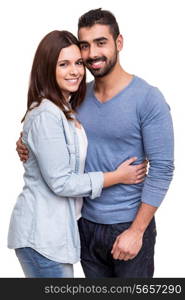 Young love couple hugging over white background