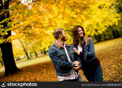 Young loving couple having a walk in the autumn park