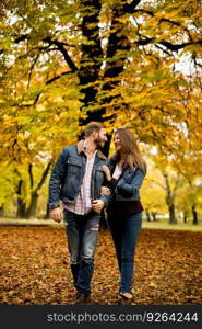 Young loving couple having a walk in the autumn park