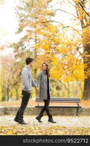 Young loving couple having a walk in the autumn park